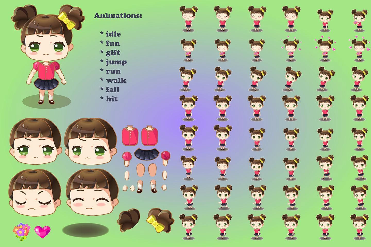 2D Game Chibi Girl Character Sprite Sheets