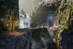 中世纪瀑布石桥悬崖遗迹洞窟场景素材 – Waterfall Bridge